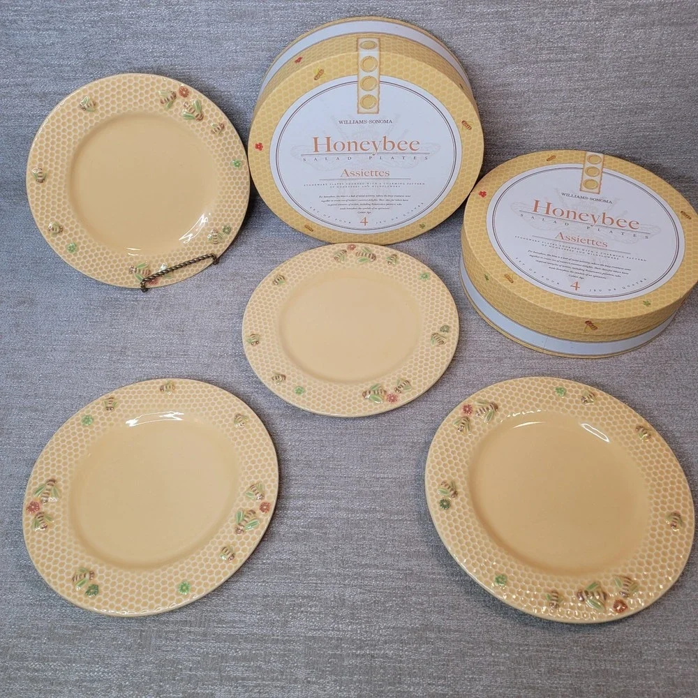 Williams Sonoma Honeybee Salad Plates Set of 4 w/ Hat Box RARE Bee Stoneware NEW